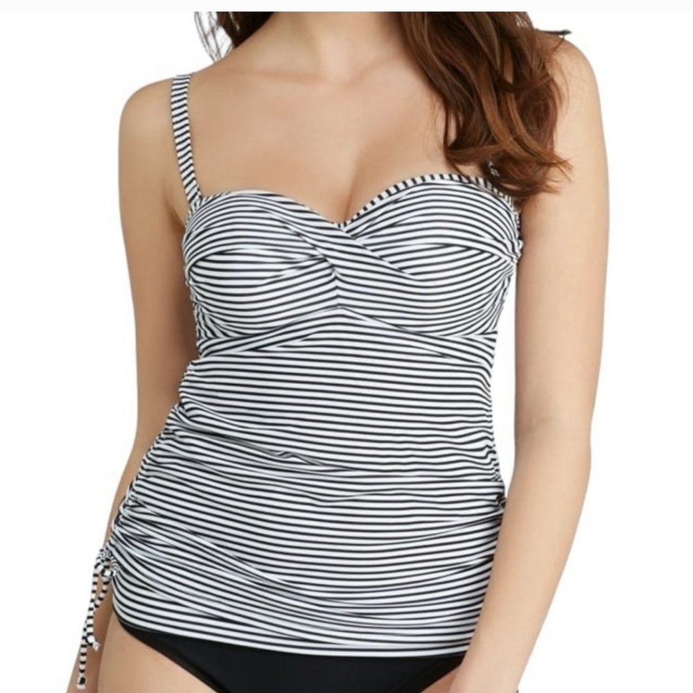 (32DDD) Panache Black and White Striped Swim Top Tankini Nautical Classic Beach